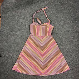 Trina Turk Halter Dress Womens Size 6 Mod 60s Orange Stripe Zip Retro Skater